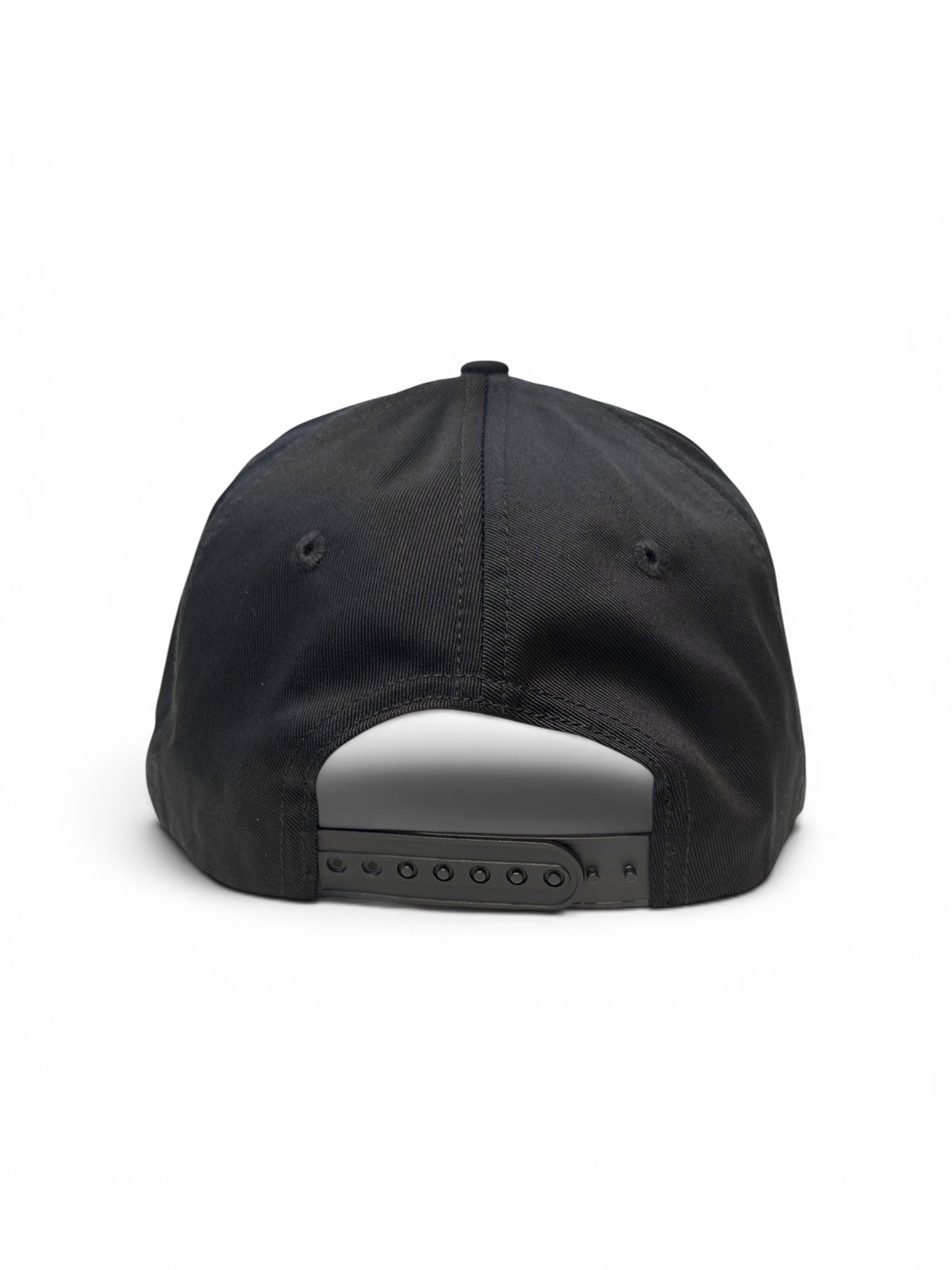 Black cap with a black adjustable strap on a white background