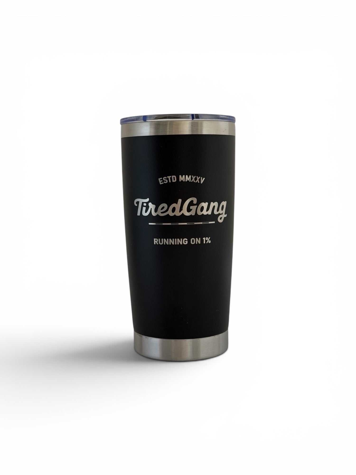 Black tumbler with silver rim featuring 'TiredGang' branding on a white background
