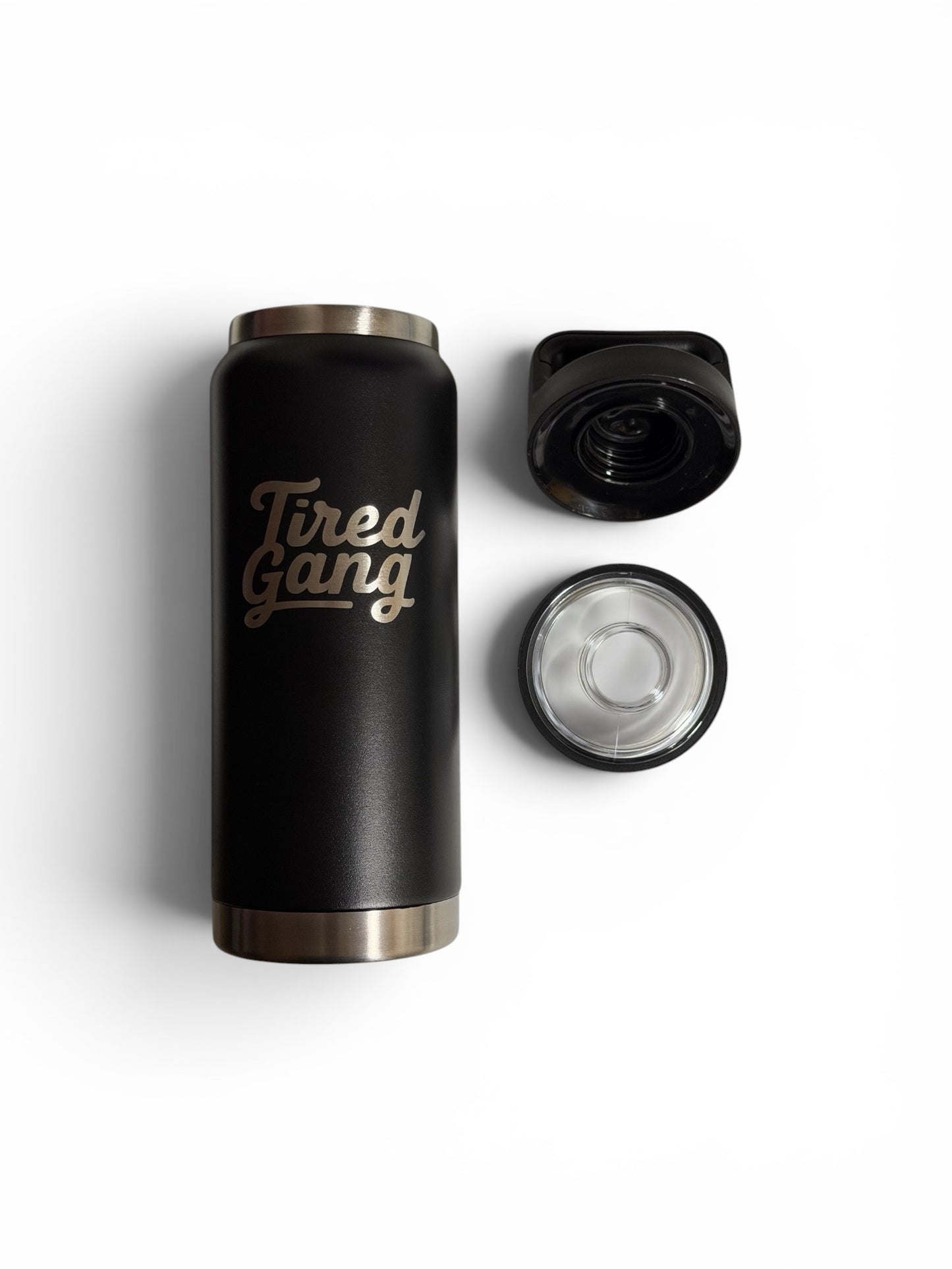 Black insulated bottle with 'Tired Gang' branding on a white background