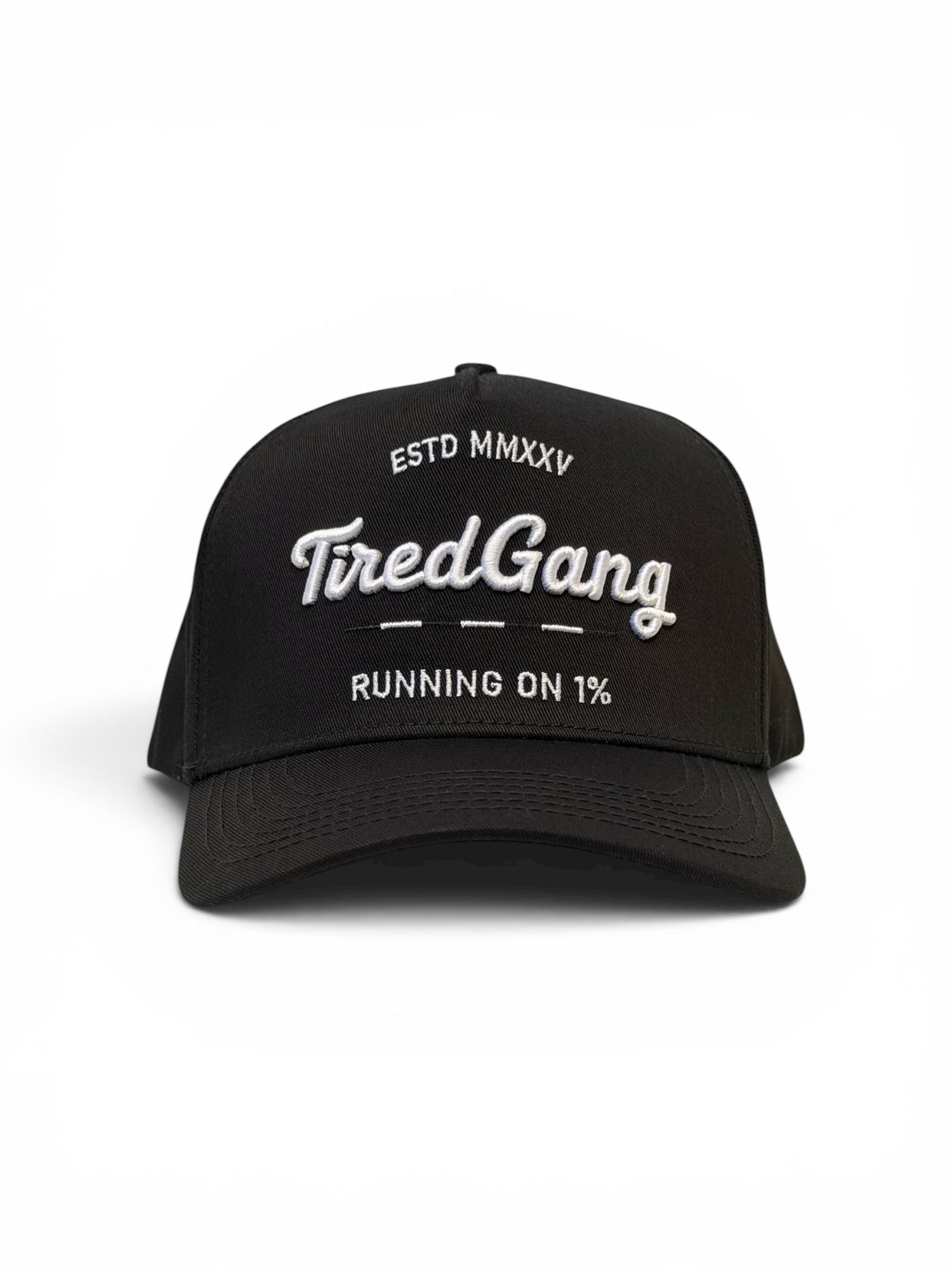 Front view of black cap with white embroidered text on a white background