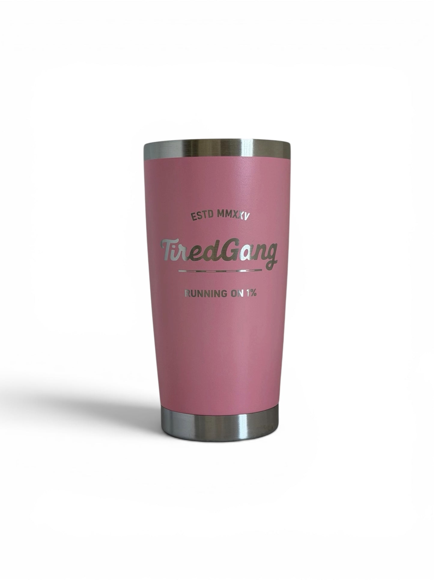 Pink tumbler with silver base and lid on a white background